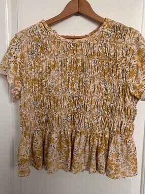 Anthropologie Pilcro Yellow floral Tabby Ruched Cap-Sleeve Tee Medium